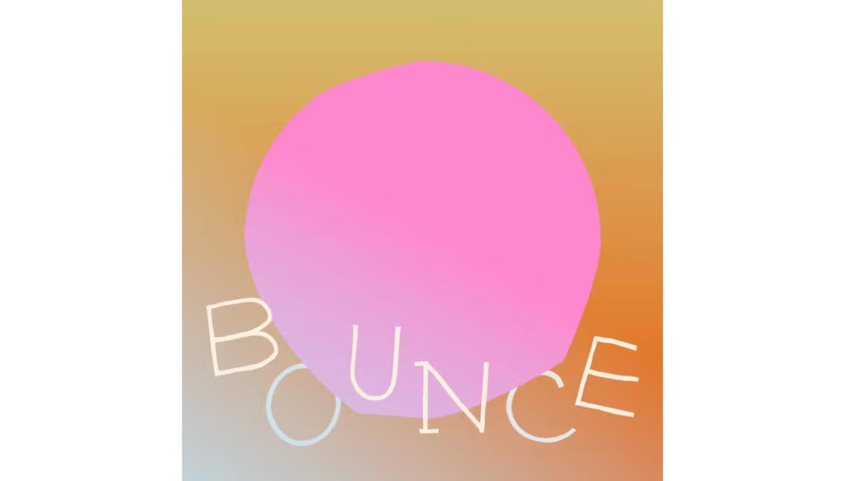 Abstract graphic with a large pink circle on a warm orange gradient background and the word “BOUNCE” in white letters.