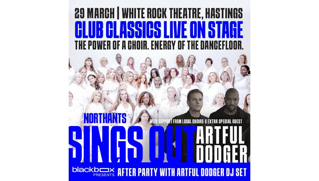 Poster for a choir event at White Rock Theatre promoting Club Classics Live on Stage with Artful Dodger.