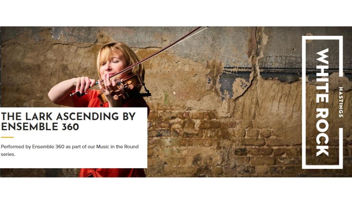 Poster for The Lark Ascending by Ensemble 360, featuring a violinist against a rustic textured wall at White Rock Theatre.