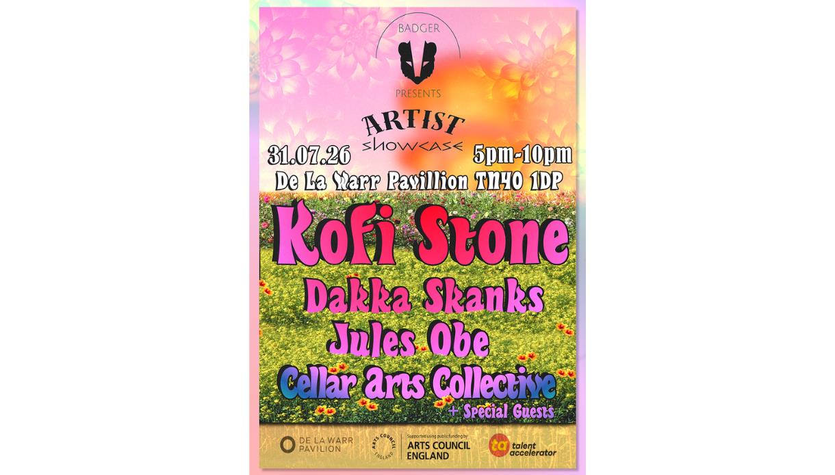 Colourful poster for artist showcase at De La Warr Pavilion, 31.07.26, 5–10pm, featuring Kofi Stone and others.