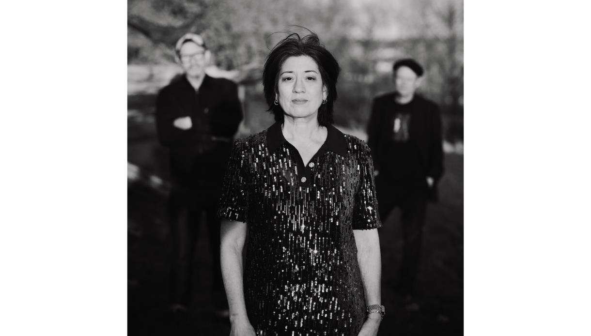 Promotional image for Miki Berenyi Trio at De La Warr Pavilion, showing three band members in a monochrome portrait.