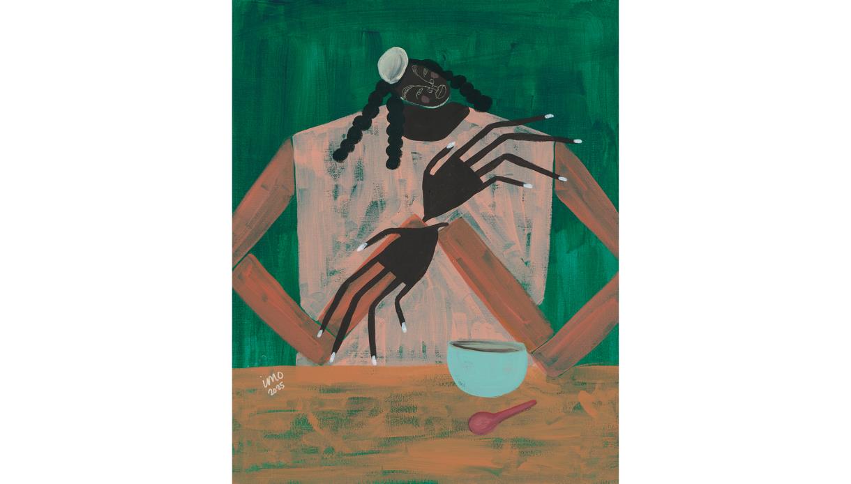 Painting by Ibi Meier-Oruitemeka at The Crown Hastings, showing a figure with braided hair and elongated hands at a table.