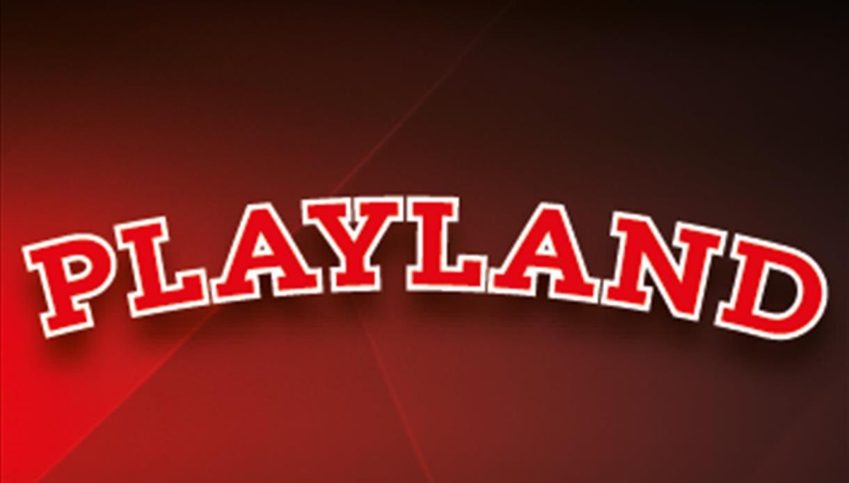 Playland Hastings logo in bold red and white lettering on a red gradient background.