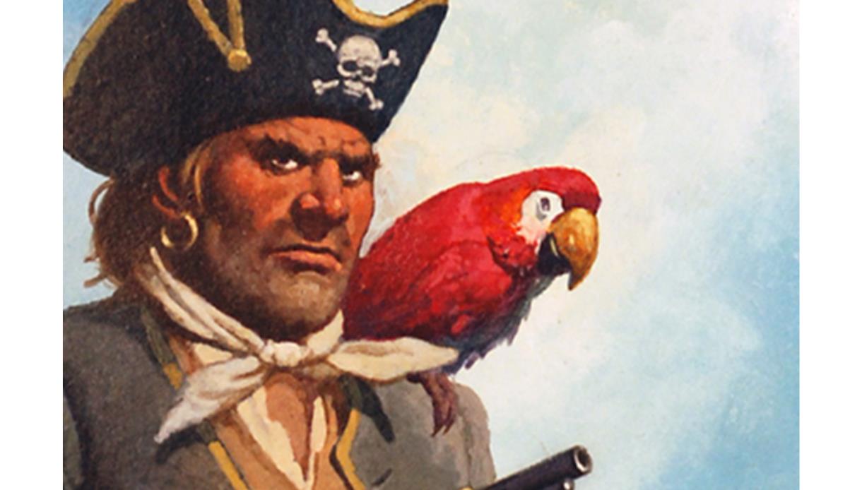 Promotional image for Quantum Theatre’s Treasure Island at Bodiam Castle, featuring a pirate with a parrot on his shoulder.