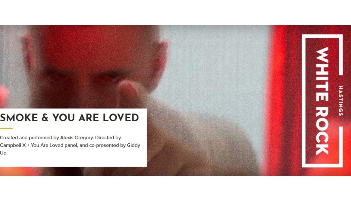 Poster for a White Rock Theatre show featuring a close-up figure in dramatic red lighting and textured background.