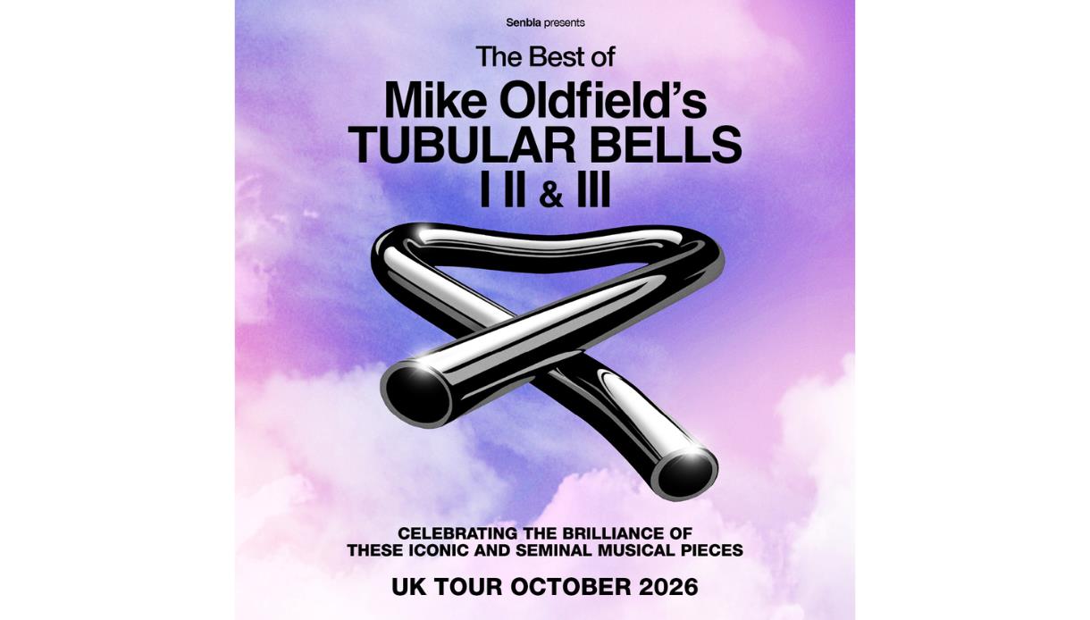 Poster for “The Best of Mike Oldfield’s Tubular Bells I, II & III” with metallic tubes graphic, UK tour October 2026.