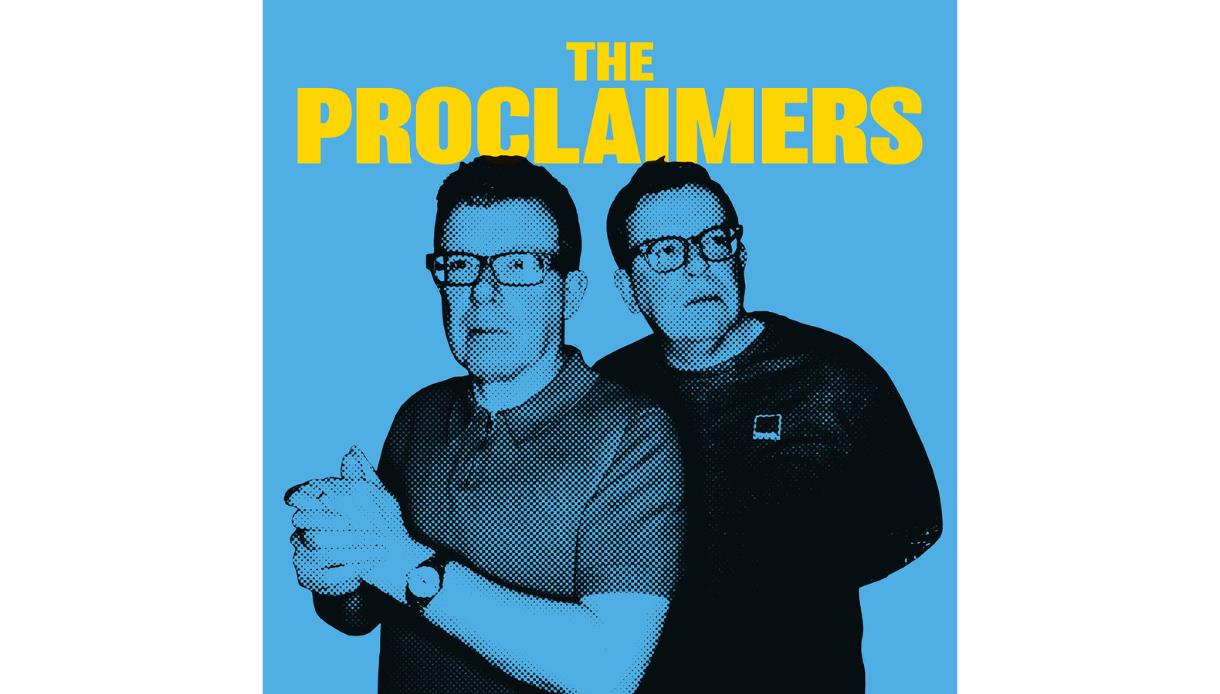 Poster for “The Proclaimers” featuring two stylised figures in blue tones with bold yellow title text on a blue background.