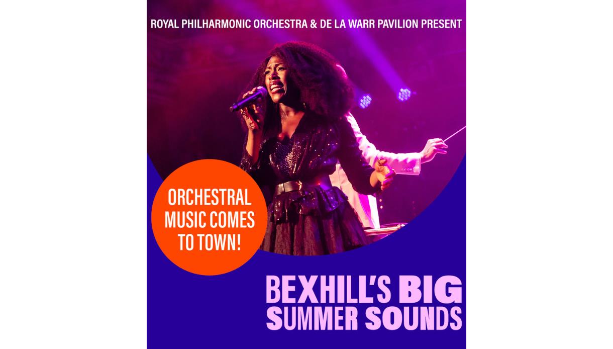 Promotional image for Bexhill’s Big Summer Sounds showing a live performer on stage with purple lighting and orchestral music text.
