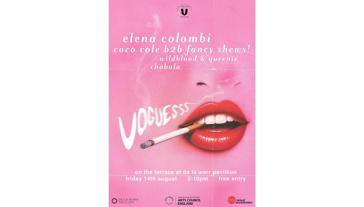 Pink poster with lips holding a cigarette; DJs incl. Elena Colombi; De La Warr Pavilion, Aug 14, 5–10pm.