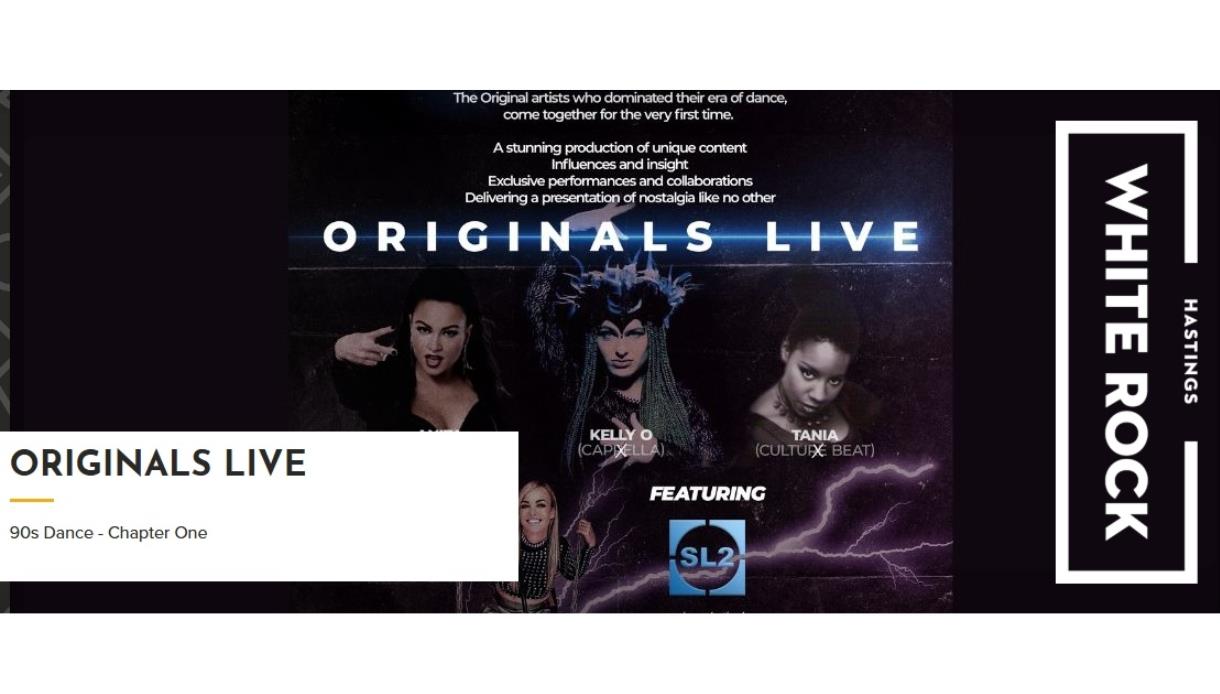 Promotional banner for “Originals Live: 90s Dance – Chapter One” featuring performers and White Rock Hastings branding.