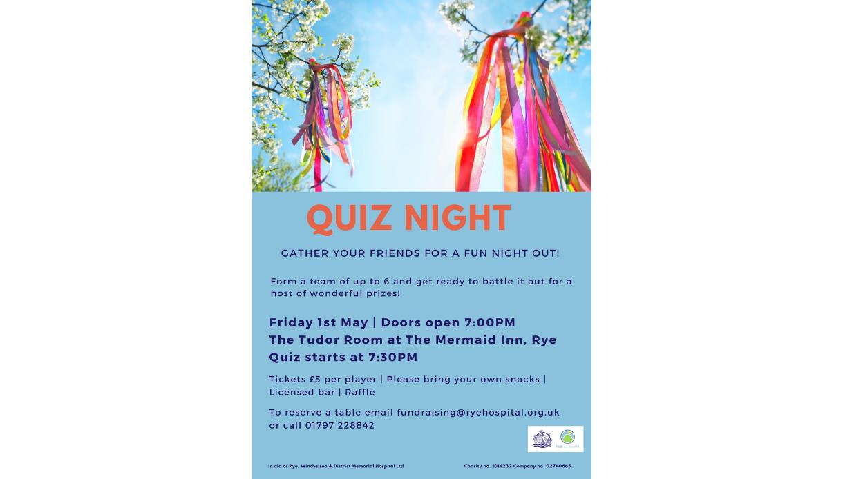 Quiz Night poster with colourful ribbons in trees, showing event details for a quiz night at The Mermaid Inn in Rye.