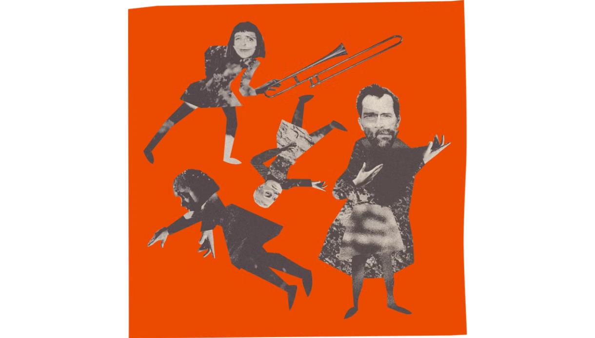 Promotional artwork for Beyond the Bayeux at Hastings Castle, featuring collage-style figures and a trombone on orange.