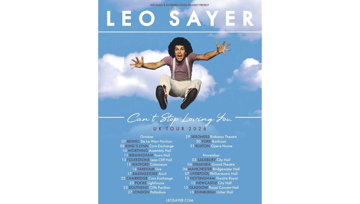 Poster for Leo Sayer UK tour 2026, showing a person jumping in a blue sky with tour dates listed below.