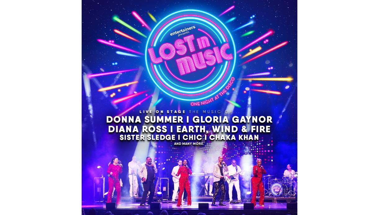Neon “Lost in Music” disco show poster with colourful lights, stage performers, and classic artists listed.