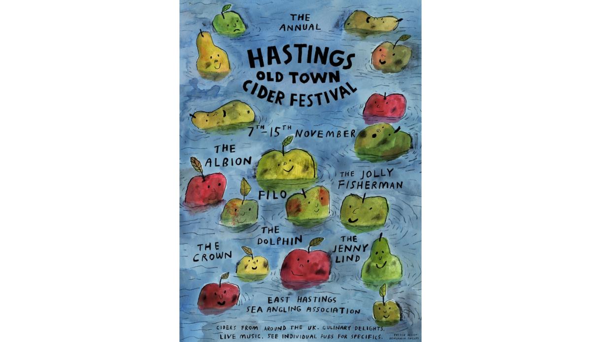 Poster for the Hastings Old Town Cider Festival featuring illustrated apples and pears, held 7-15 November.
