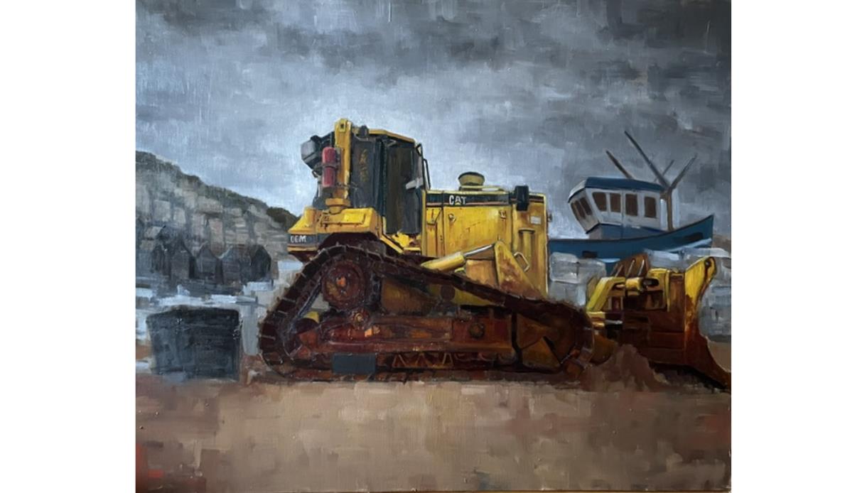 Art Exhibition at The Crown Hastings featuring a painting of a yellow bulldozer beside a fishing boat.