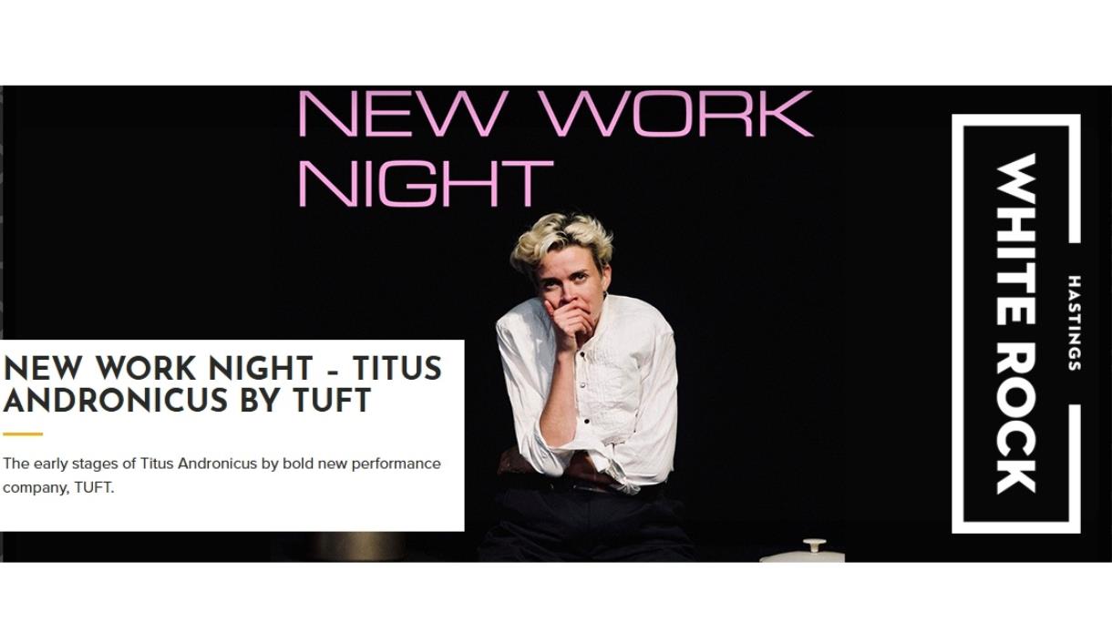 Poster for New Work Night featuring a performer in a white shirt seated on a dark stage for a Titus Andronicus production.