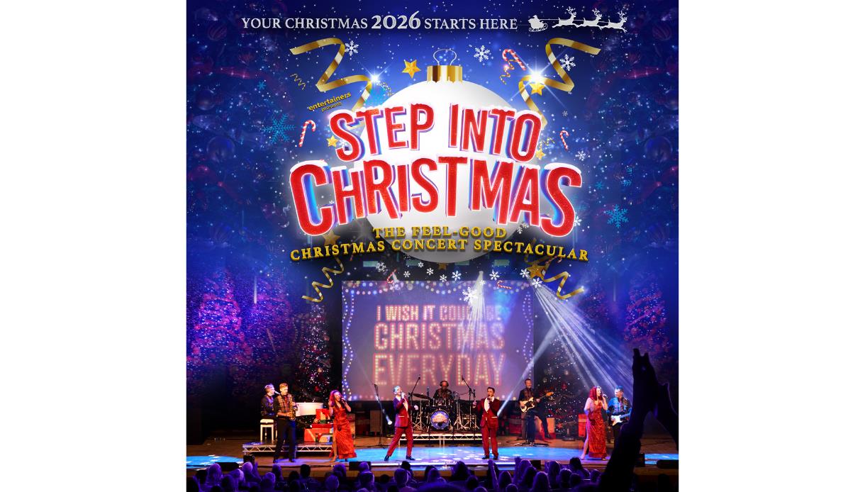 Festive “Step Into Christmas” show poster with stage performers, lights, snowflakes and decorations.