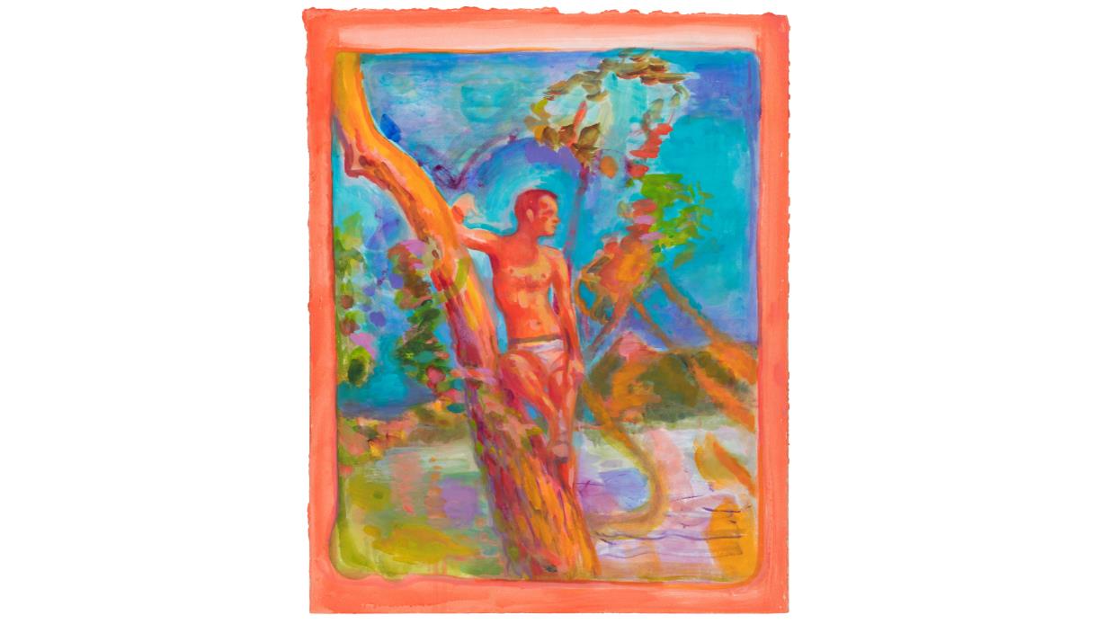 Painting by Ruth Calland at Hastings Museum, showing a nude figure among trees in vivid blues, greens and pinks.