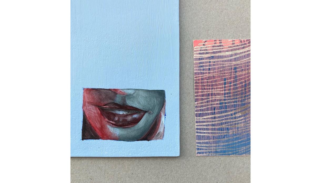 Hannah Birkett Art Exhibition at The Crown Hastings, featuring contemporary paintings of lips and abstract patterns.
