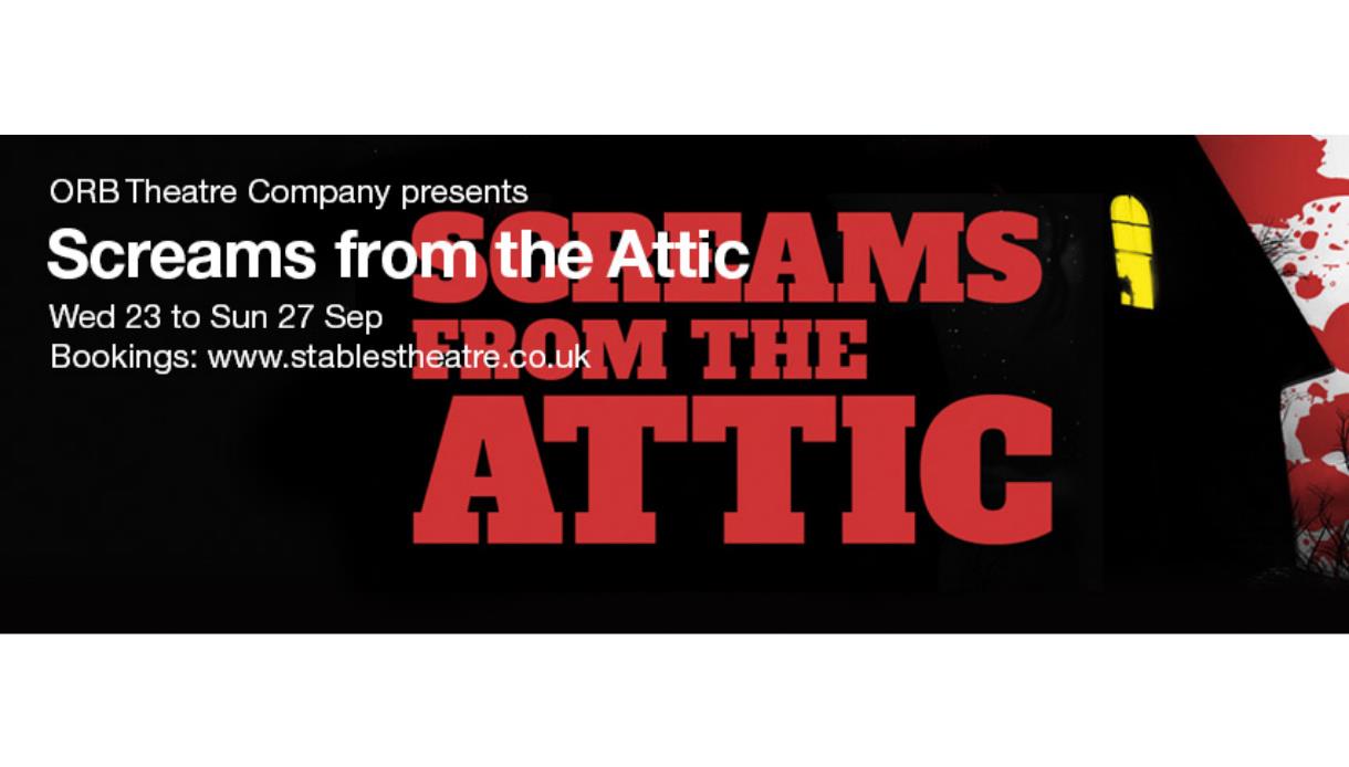 Promotional artwork for Screams from the Attic, featuring a dark house silhouette, glowing window and bold red title text.