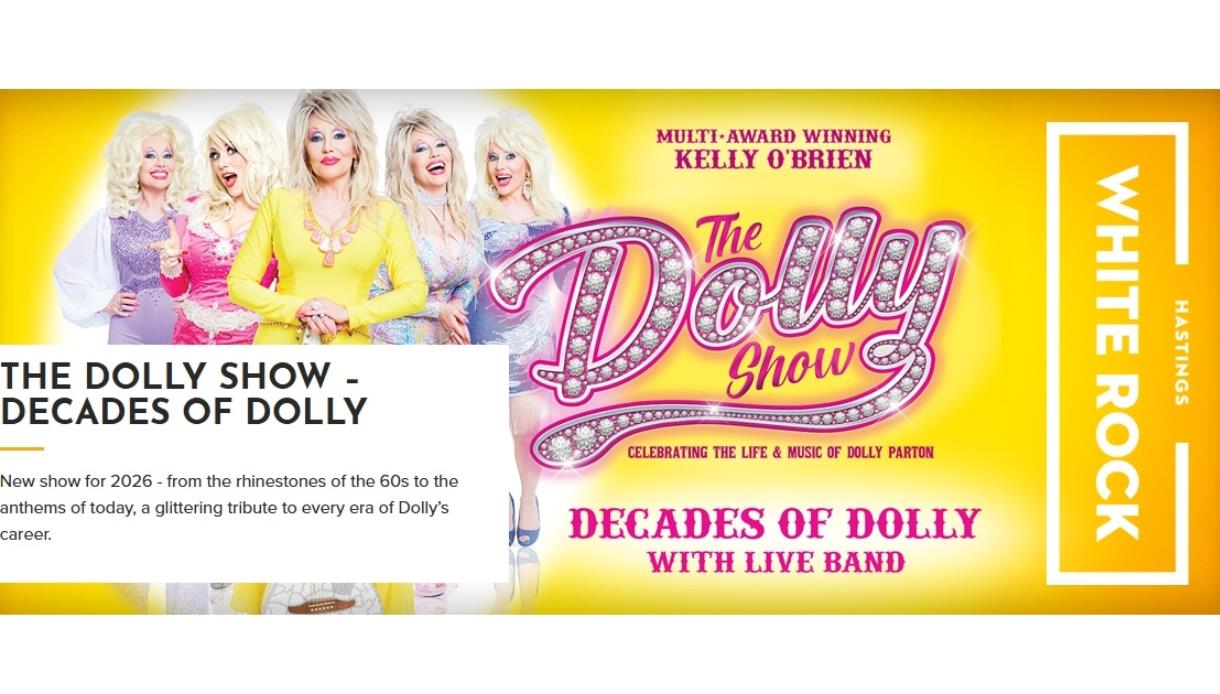 Poster for The Dolly Show's Decades of Dolly, featuring performers in sparkling costumes on a bright yellow stage backdrop.