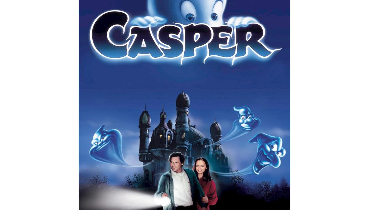 Casper movie poster featuring friendly ghosts, a haunted mansion and characters holding a flashlight at night.