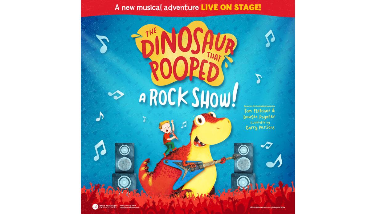 Colourful poster for The Dinosaur That Pooped: A Rock Show!, featuring a guitar-playing dinosaur on stage.
