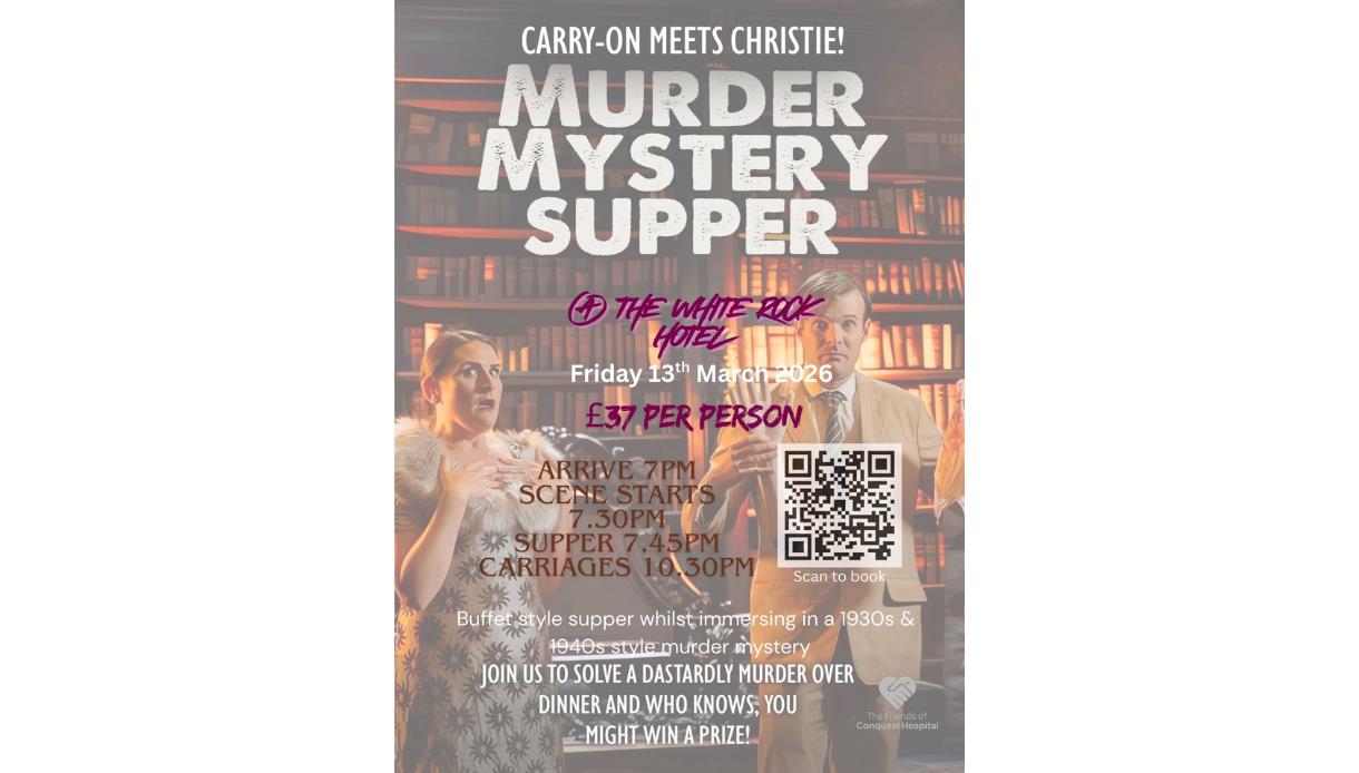 Murder Mystery Supper event poster with details for a 1930s‑style themed dinner at The White Rock Hotel.