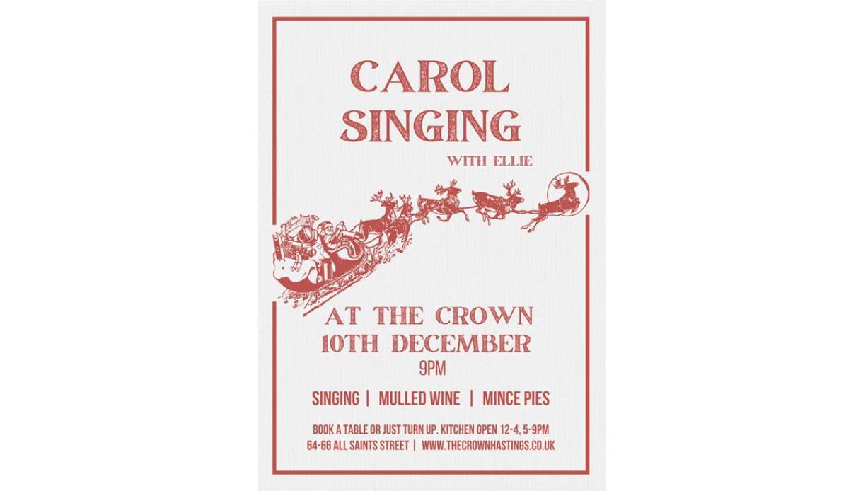 Poster for Carol Singing at The Crown on 10 Dec, featuring Santa’s sleigh and event details.