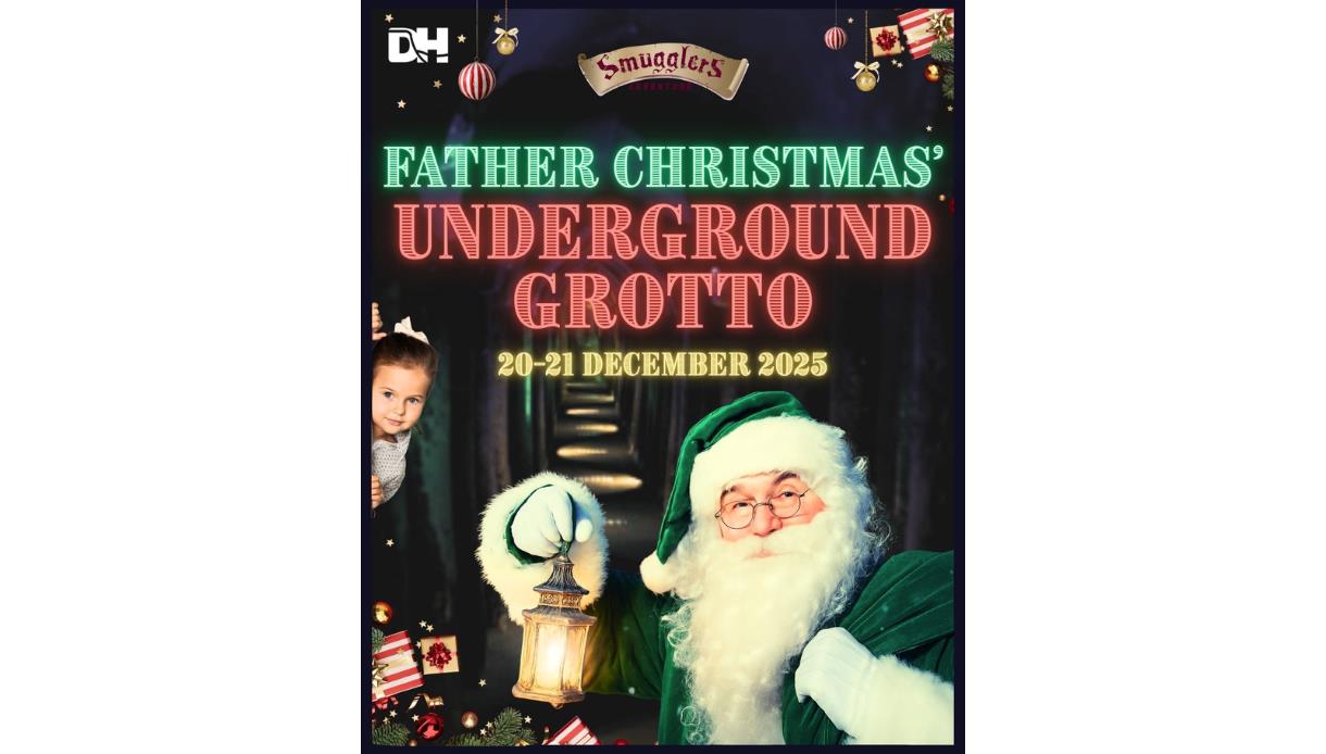 Promotional graphic for a holiday event. Foreground: Father Christmas in green, smiling and lifting a lantern. Background: narrow underground hallway