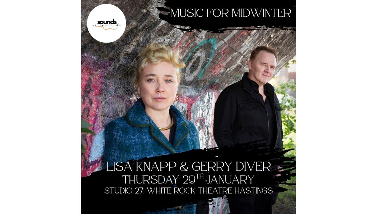 Poster for “Music for Midwinter” featuring Lisa Knapp and Gerry Diver, with event details for White Rock Theatre Hastings.