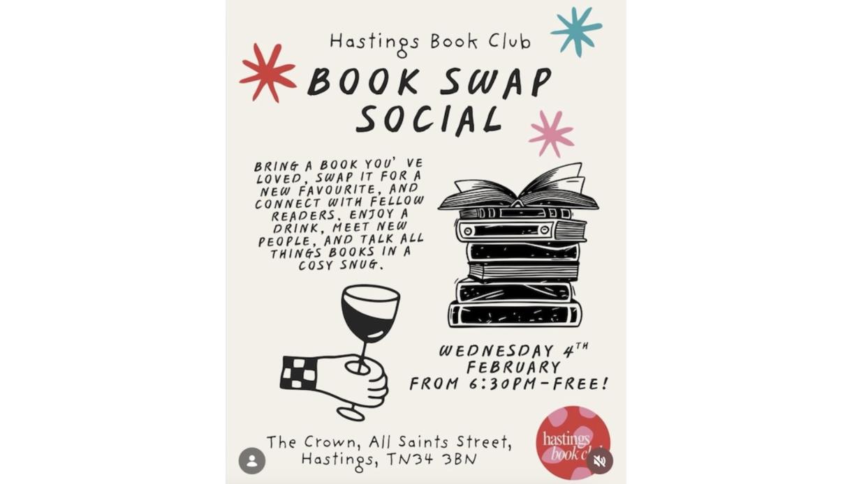Poster for Hastings Book Club Book Swap Social, showing stacked books, a wine glass and playful star shapes.