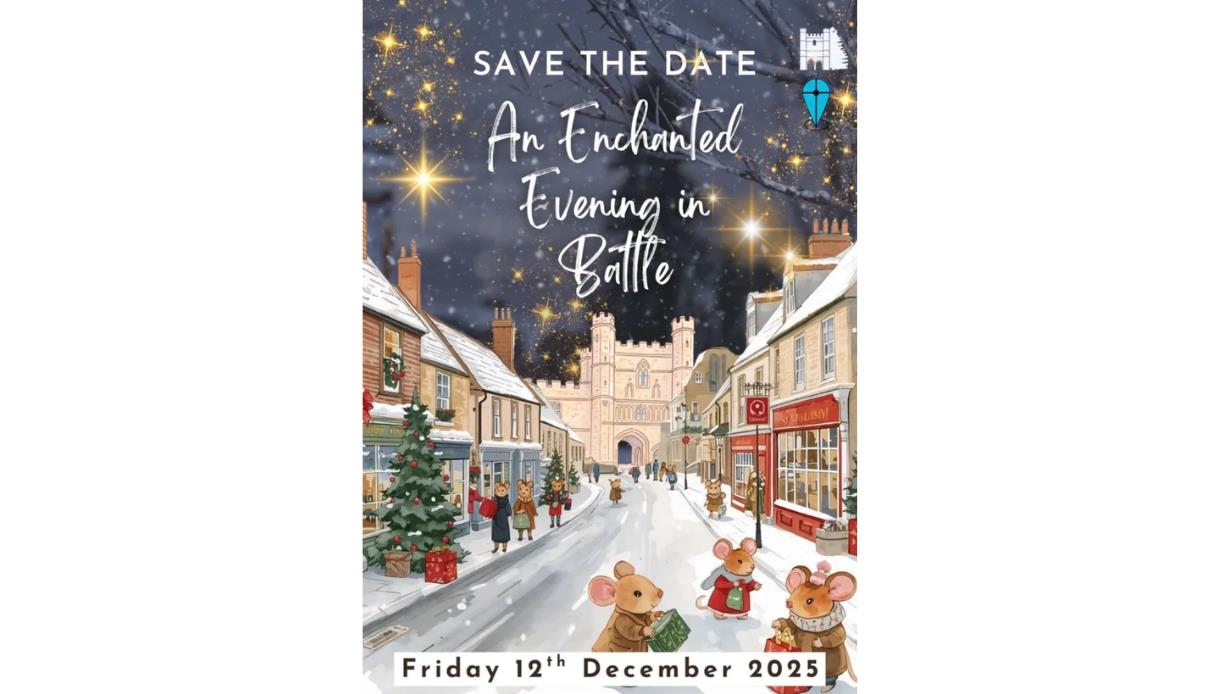 Save the date poster for “An Enchanted Evening in Battle” on 12th December, with festive street and starry sky.