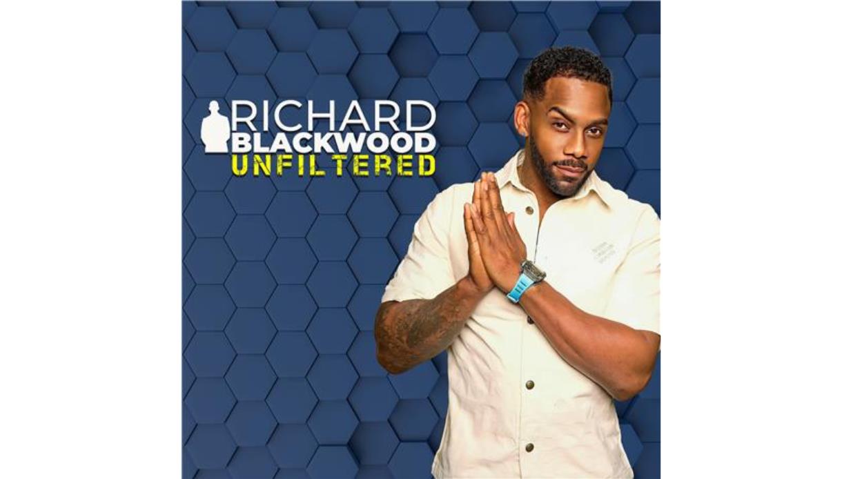 Poster for “Richard Blackwood: Unfiltered” featuring a man in a light shirt against a blue hexagon background.