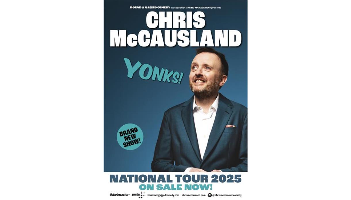 Poster showing a person in a suit with text promoting Chris McCausland’s 2025 national tour and new show ‘Yonks!’