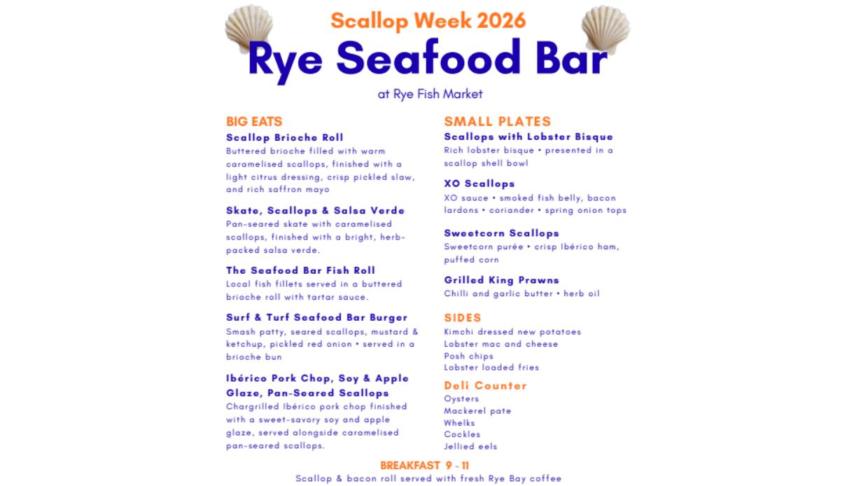 Menu for Rye Seafood Bar during Scallop Week 2026 featuring scallop dishes, small plates, sides and deli counter items.