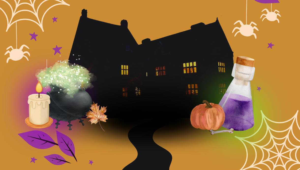 Image shows a cartoon image of Michelham priory decorated for Halloween with spiders webs, pumpkins and candles