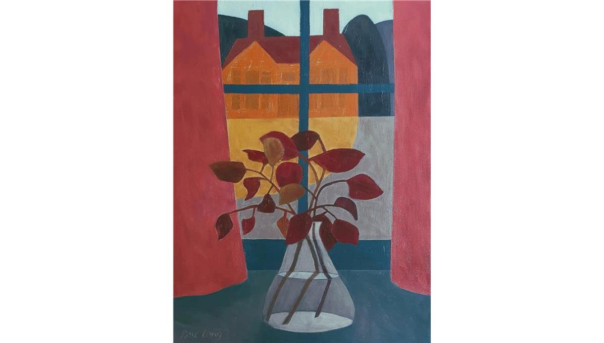 Painting of a vase with red leaves in front of a window showing orange buildings, part of Rose Long’s exhibition at The Crown.