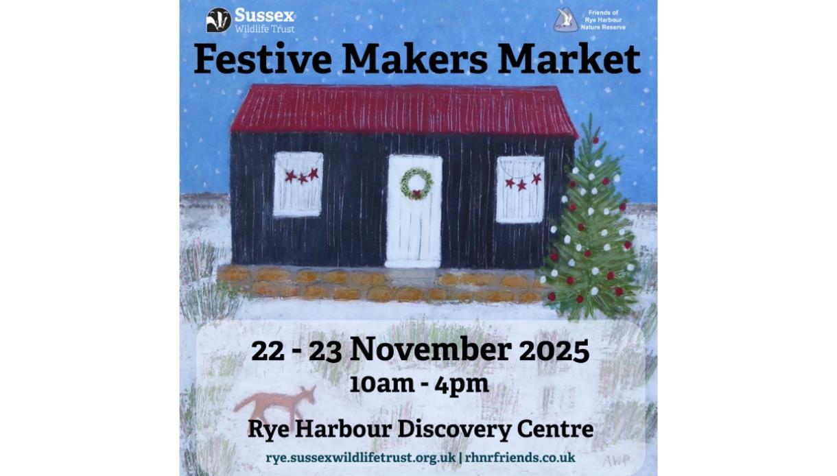 Event flyer with a hand-painted winter scene: a dark hut with a red roof sits in snow; door has a wreath, windows with star motifs, and a lit Christma