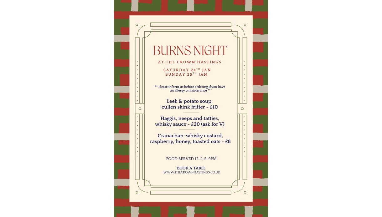 Burns Night menu at The Crown Hastings: soup, haggis with neeps and tatties, cranachan dessert.