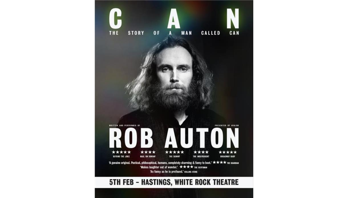 Poster for ‘The Story of a Man Called Can’ featuring a long-haired figure and promoting Rob Auton’s show at White Rock Theatre.