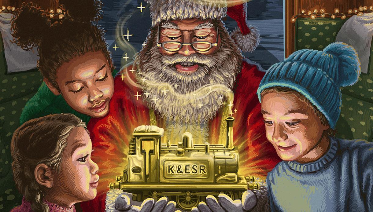Children watching Santa present a bright, glowing train labelled K&ESR