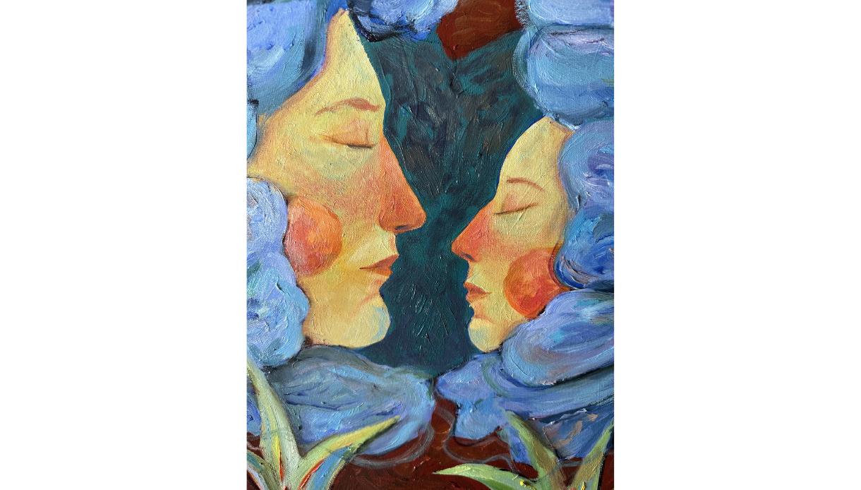 Picture shows a piece of Anya Kopach art of two faces facing each other
