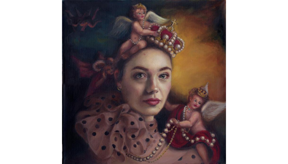 Image shows a piece of Katie Ray's art. The painting is of a woman with 2 small figures on her shoulder and head