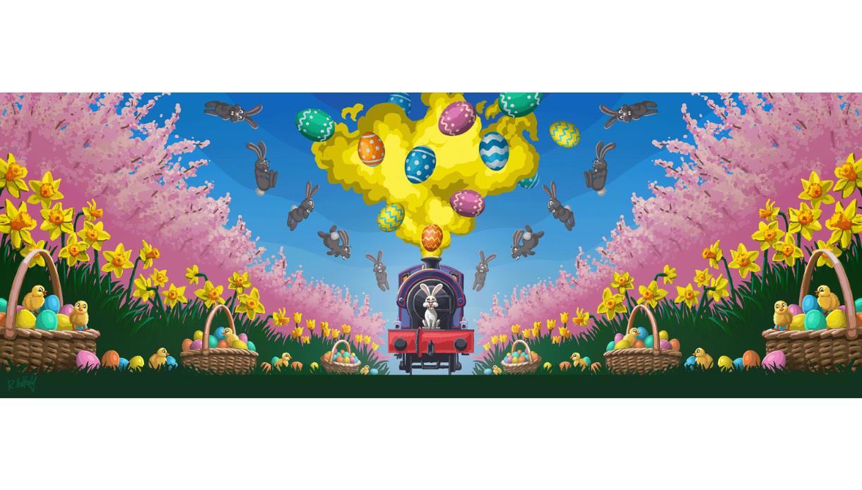 Easter scene with a train driven by a bunny, colourful eggs in the smoke, flying rabbits and flower baskets along a blossom path.