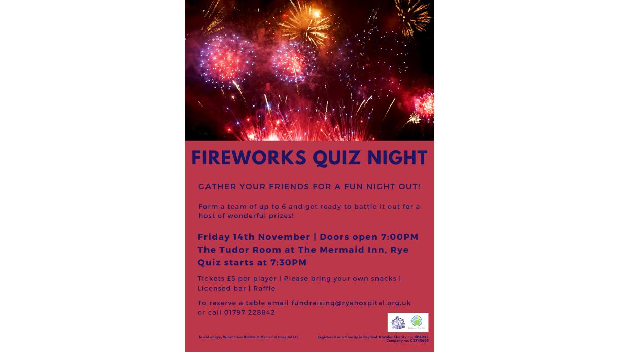 Image shows a picture of fireworks exploding in the sky in bright colours (purple, red, orange and yellow). Text reads 'Firework quiz night', gather y