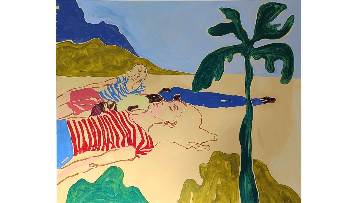 Image shows a painting by Elizabeth Power, of people laying on a sandy beach with a tree in the foreground.