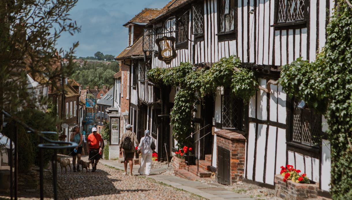 Historic Mermaid Inn on cobbled Mermaid Street in Rye, with timber-framed façade and ivy-covered walls.