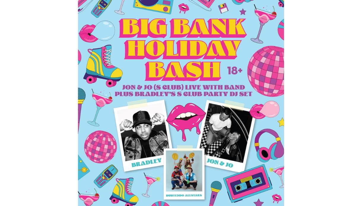 Bright poster for the Big Bank Holiday Bash featuring retro graphics and photos of performers.